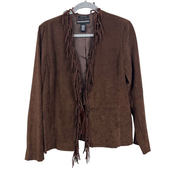 Norton McNaughton Womens‎ Vegan Suede Blazer Fringe Open Front Brown Size 8 - Picture 1 of 5